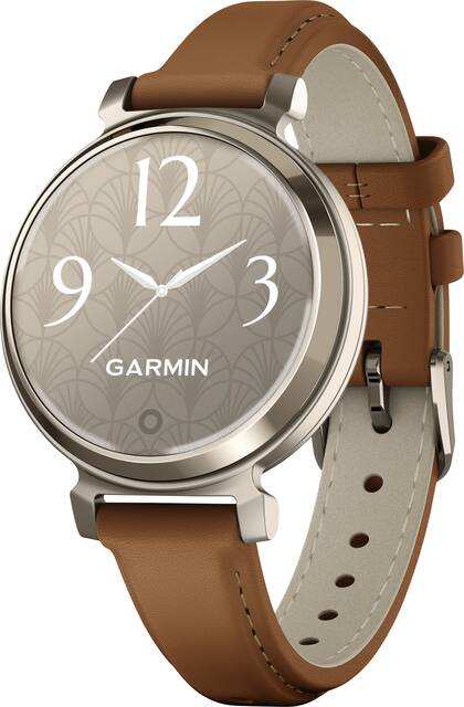 Garmin - Lily 2 Classic Smartwatch 34 mm Anodized Aluminum - Cream Gold with Tan Leather Band - (2024)
