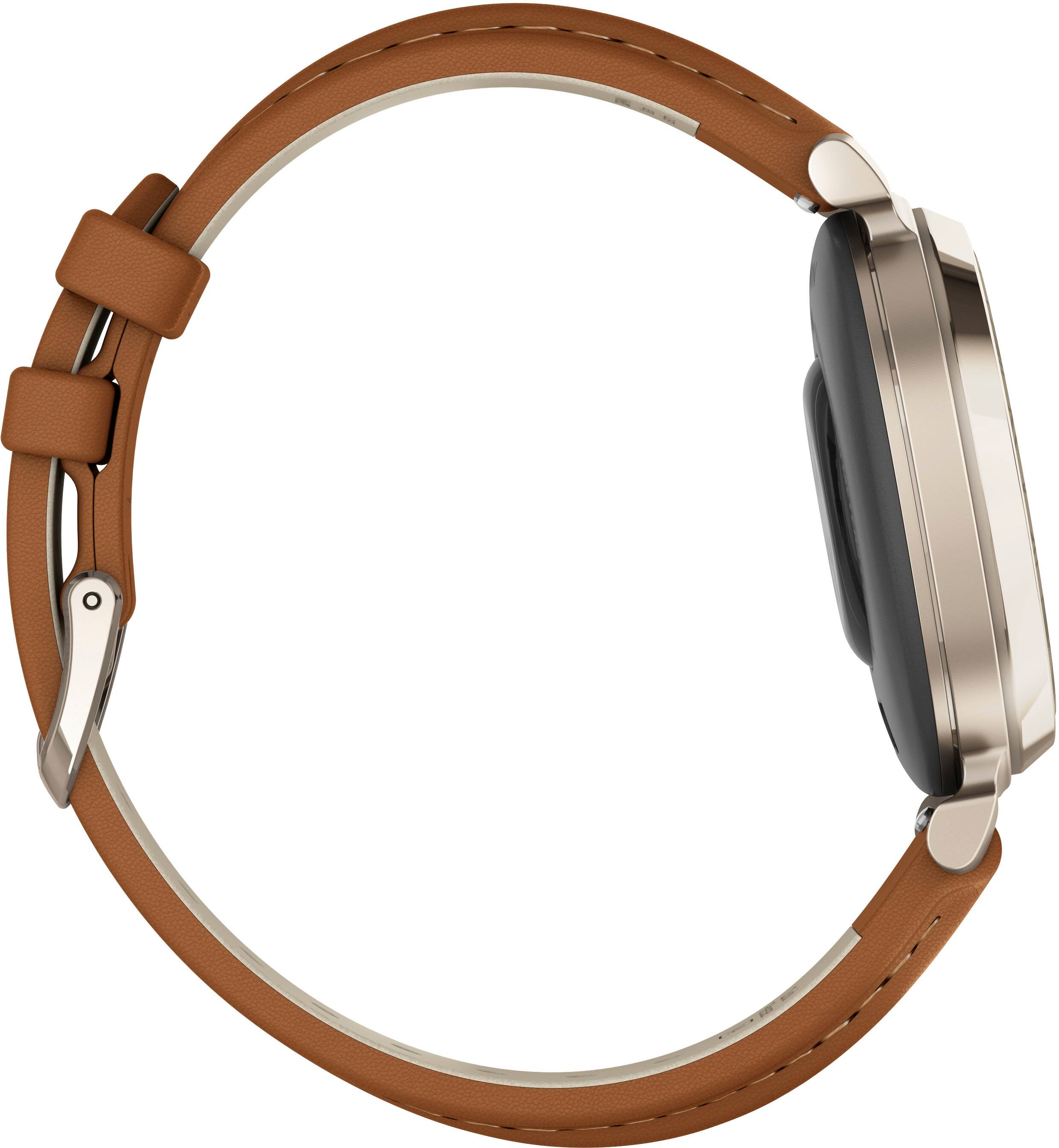 Alt View 1. Garmin - Lily 2 Classic Smartwatch 34 mm Anodized Aluminum - Cream Gold with Tan Leather Band.