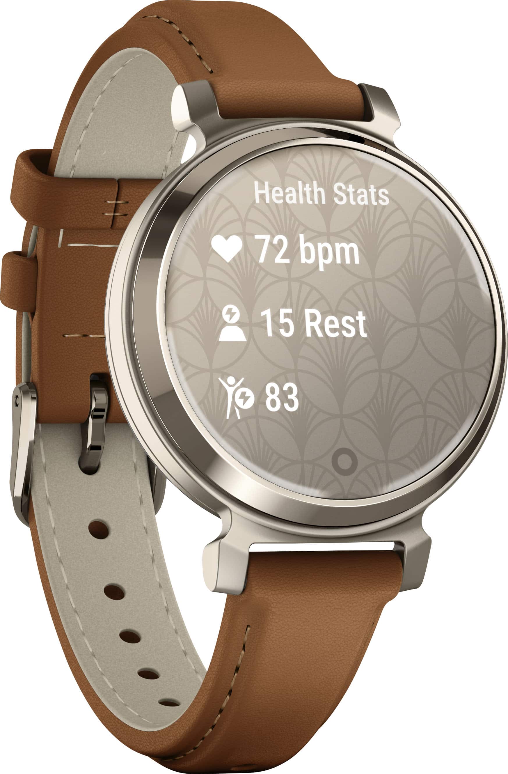 Left. Garmin - Lily 2 Classic Smartwatch 34 mm Anodized Aluminum - Cream Gold with Tan Leather Band.