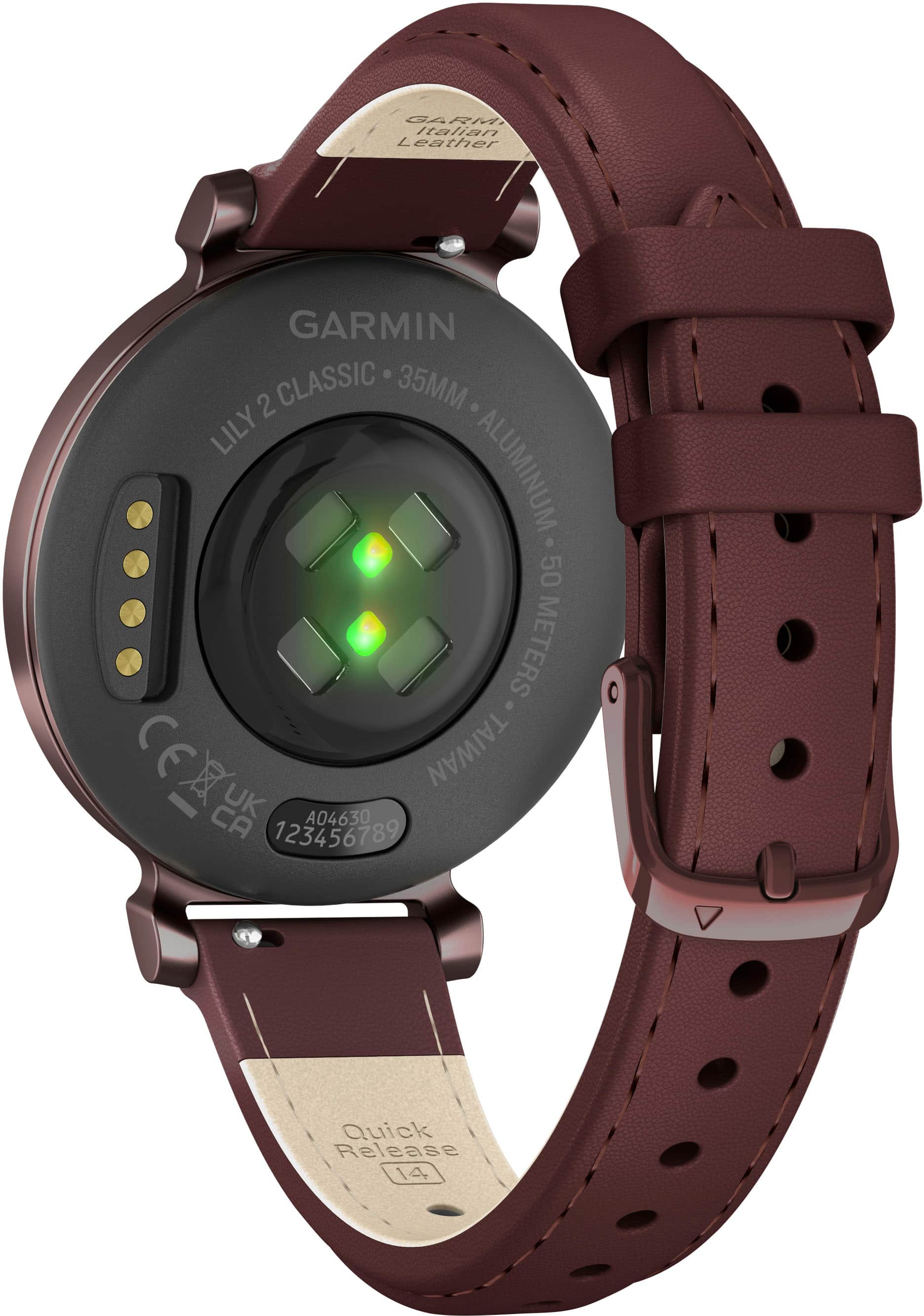Back. Garmin - Lily 2 Classic Smartwatch 34 mm Anodized Aluminum - Dark Bronze with Mulberry Leather Band.