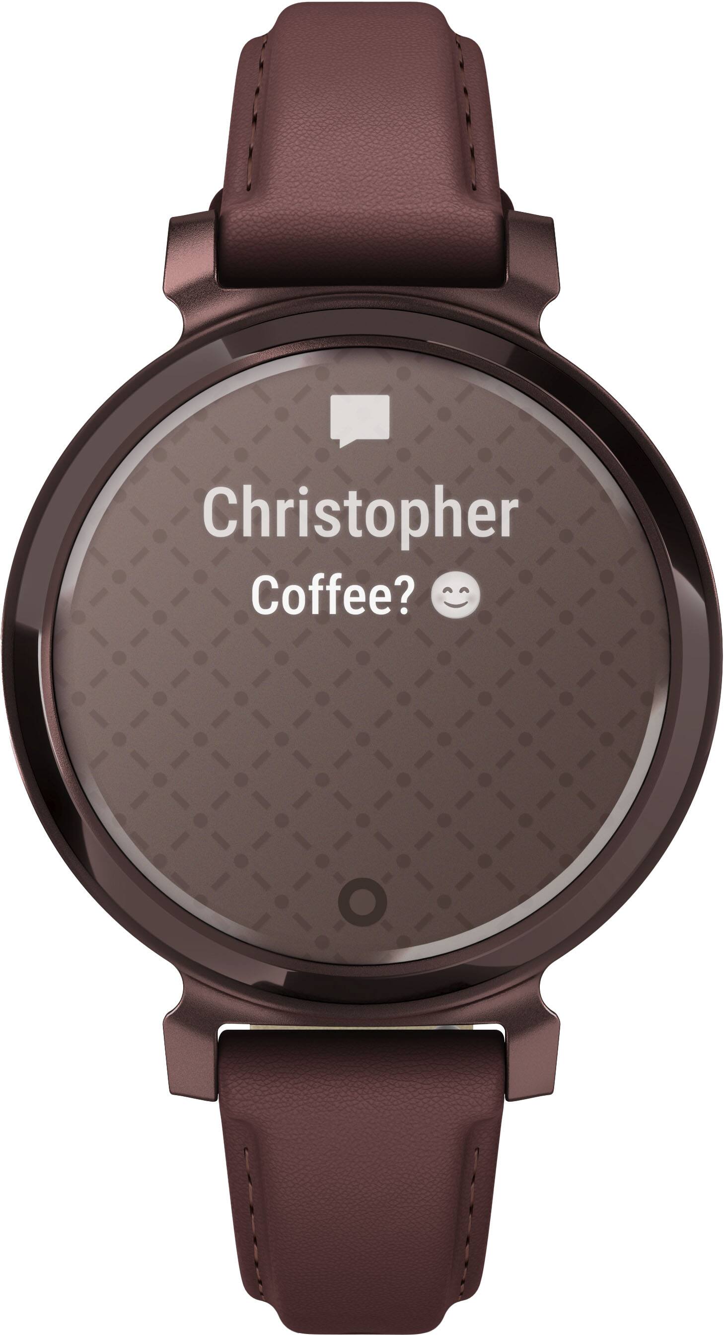 Angle. Garmin - Lily 2 Classic Smartwatch 34 mm Anodized Aluminum - Dark Bronze with Mulberry Leather Band.