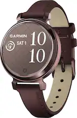 Front. Garmin - Lily 2 Classic Smartwatch 34 mm Anodized Aluminum - Dark Bronze with Mulberry Leather Band.