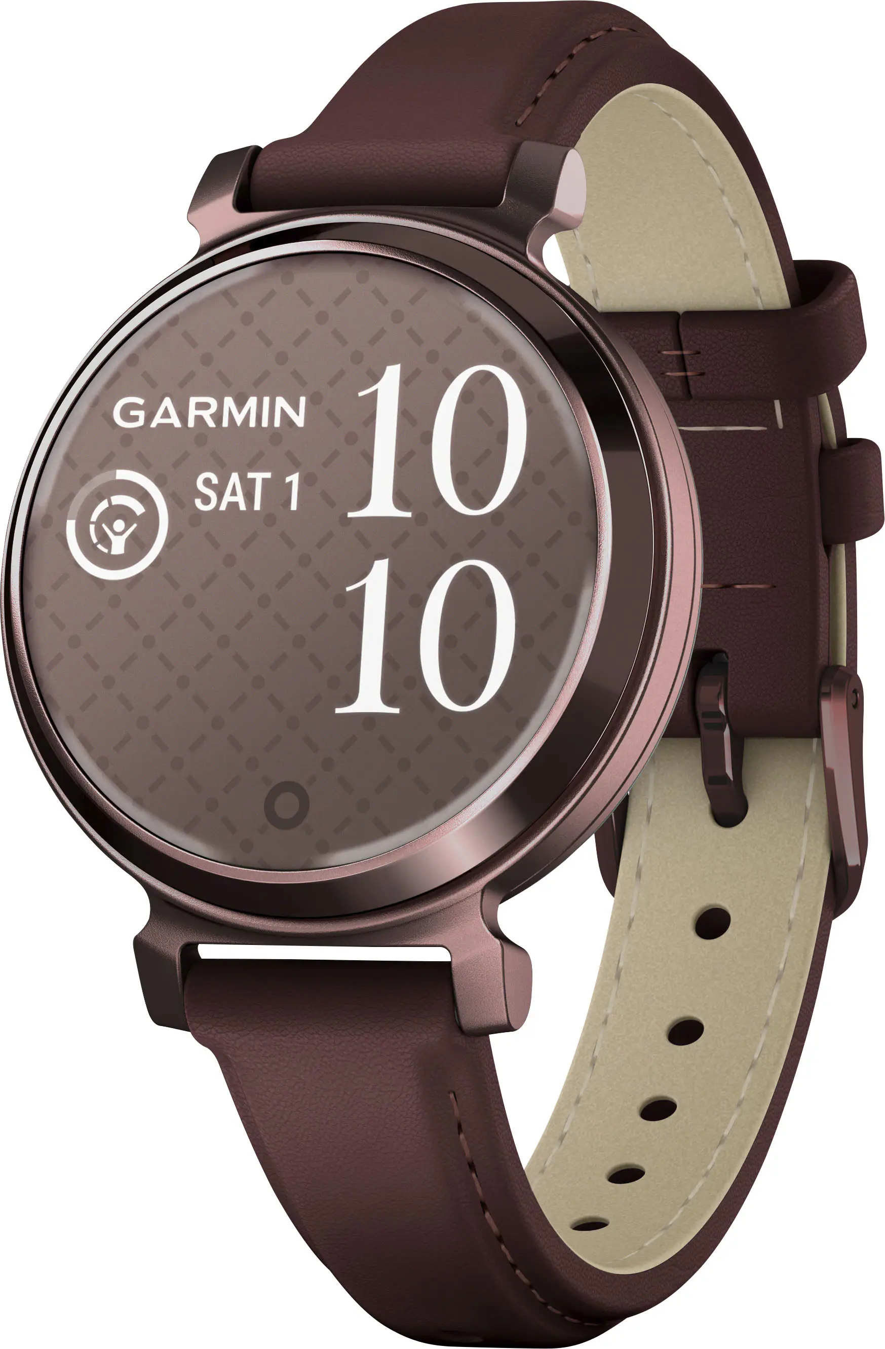 Front. Garmin - Lily 2 Classic Smartwatch 34 mm Anodized Aluminum - Dark Bronze with Mulberry Leather Band.