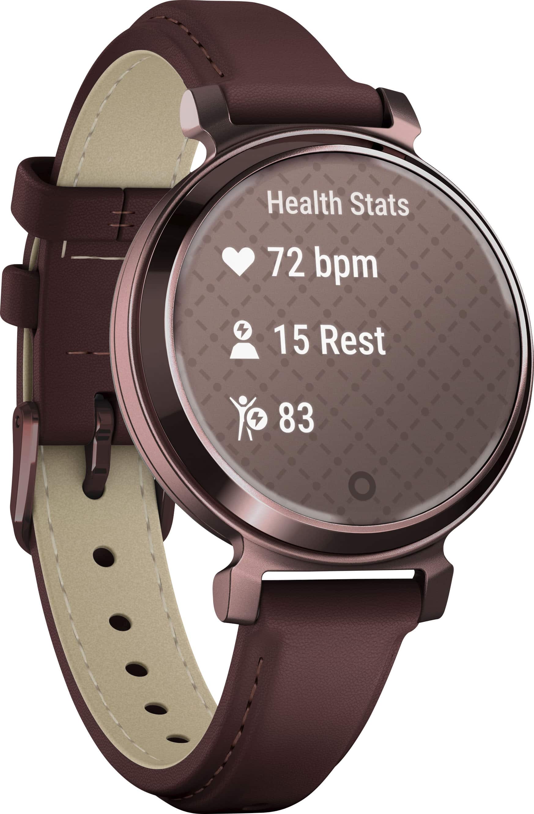 Left. Garmin - Lily 2 Classic Smartwatch 34 mm Anodized Aluminum - Dark Bronze with Mulberry Leather Band.