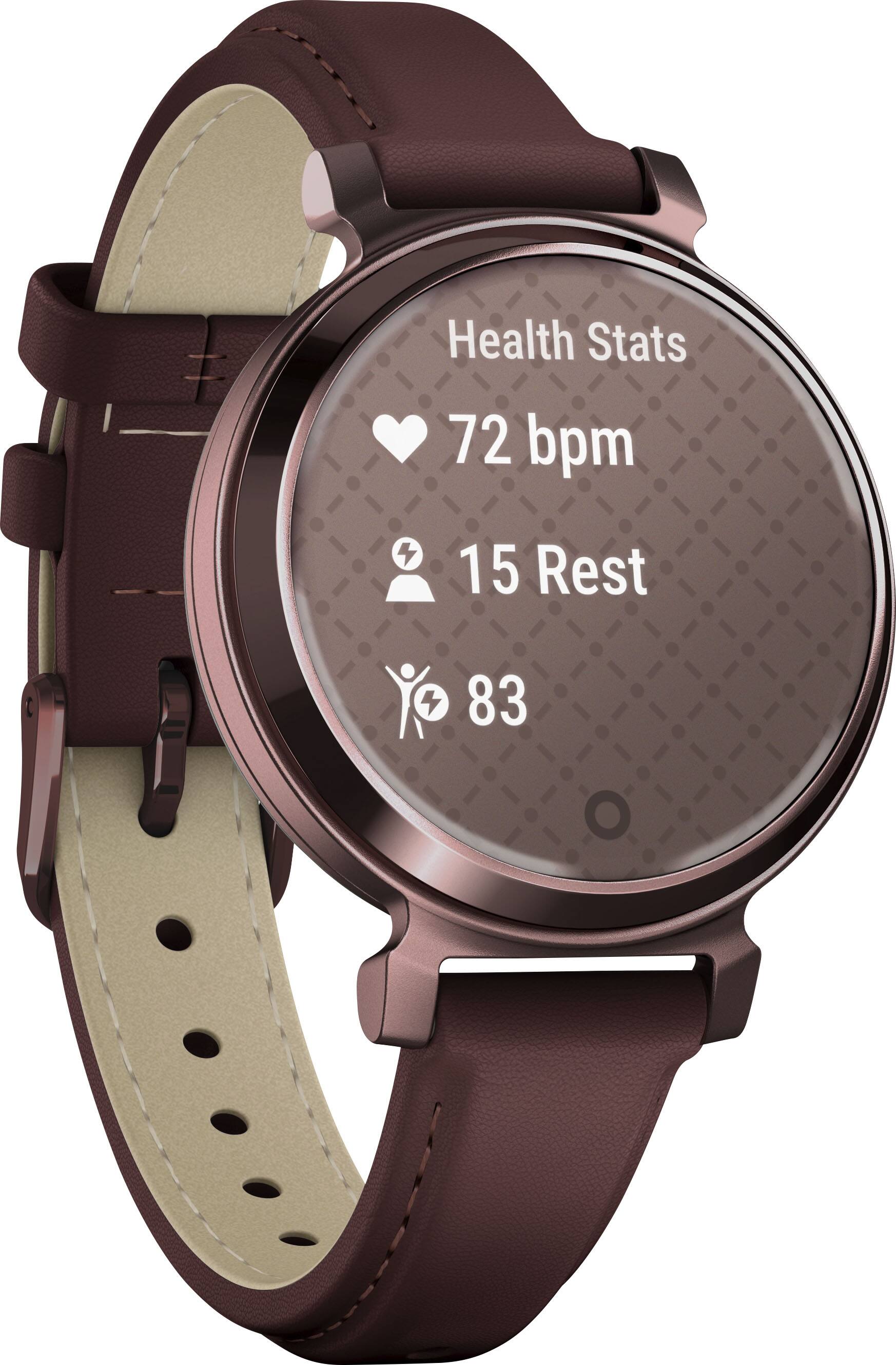 Left. Garmin - Lily 2 Classic Smartwatch 34 mm Anodized Aluminum - Dark Bronze with Mulberry Leather Band.