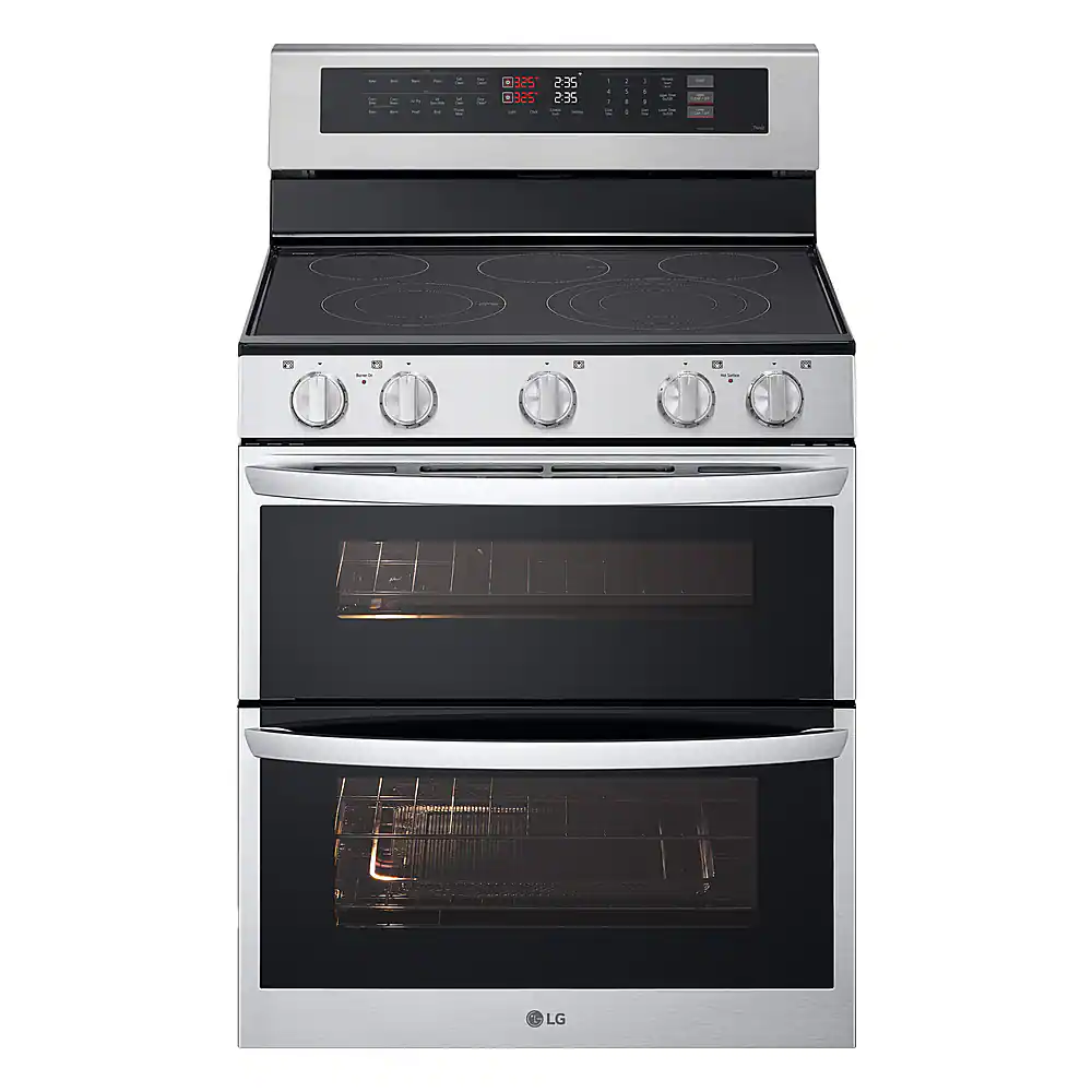 The image features a stainless steel LG oven with a digital display. The oven has a black door and a silver finish. The display shows the time and temperature, which are currently set at 2:35 and 35 degrees, respectively.