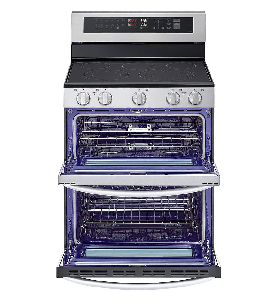 The image features a stove with a blue oven door and a silver stove top. The oven is open, revealing the blue interior. The stove has a timer set at 2:35, indicating that it is currently in use.