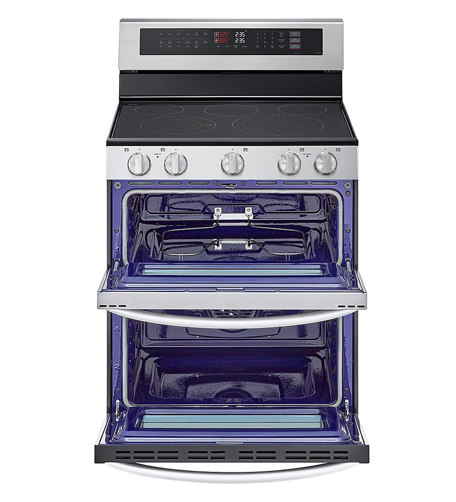 The image features a stainless steel stove with a blue oven door. The oven has a timer that shows 2:35 minutes remaining.