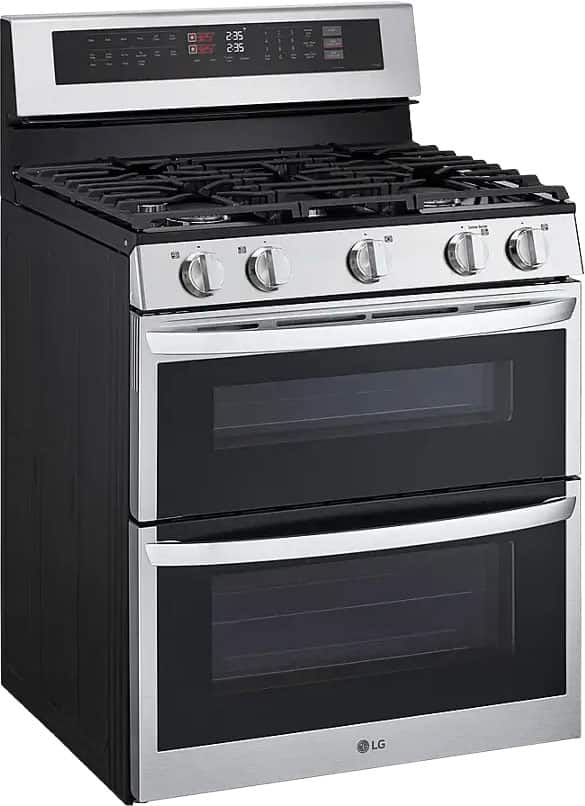 The image features a stainless steel stove with a black oven door. The stove has a digital display and is equipped with a timer. The oven is open, revealing the interior, which is also stainless steel. The stove is made by LG, a well-known appliance manufacturer.