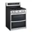The image features a stainless steel stove with a black oven door. The stove has a digital display and is equipped with a timer. The oven is open, revealing the interior, which is also stainless steel. The stove is made by LG, a well-known appliance manufacturer.