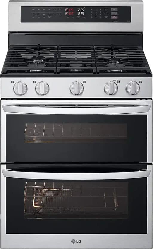 The image features a large LG stainless steel oven with a stove top. The oven has a digital display, which shows the time and temperature. The oven has a black door and a silver handle. The stove top has four burners, and the oven has a glass window, allowing a clear view of the food being cooked inside. The oven is positioned on a white background, making it the main focus of the image.