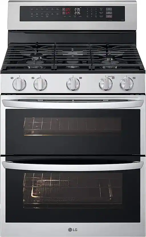 The image features a large LG stainless steel oven with a stove top. The oven has a digital display, which shows the time and temperature. The oven has a black door and a silver handle. The stove top has four burners, and the oven has a glass window, allowing a clear view of the food being cooked inside. The oven is positioned on a white background, making it the main focus of the image.