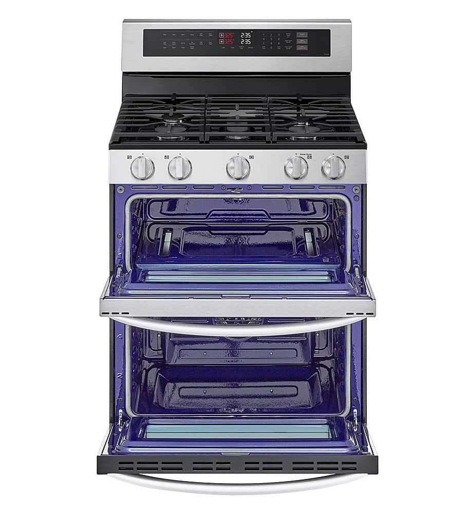 The image features a stainless steel stove with a blue oven door. The oven is empty, and the door is open. The stove has a digital display, which shows the time and temperature. The oven is a double oven, with one oven on the top and another on the bottom. The stove is designed to be energy-efficient, and it has a timer function to help users cook their food accurately.