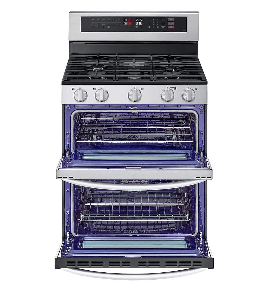 The image features a stainless steel stove with a blue oven door. The oven has a blue interior and is equipped with a timer and a clock. The stove is a modern design with a clean, sleek appearance.