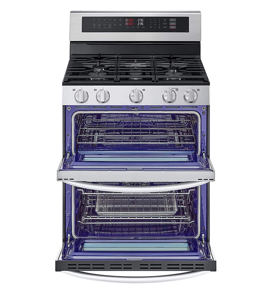 The image features a stainless steel stove with a blue oven door. The stove has a clock on the top, indicating the time of 2:35. The oven is open, revealing the interior, which includes a rack for cooking. The stove is likely a modern and efficient appliance for cooking and baking.