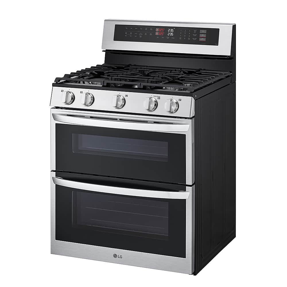 The image features a black LG oven with a stainless steel finish. The oven has a stove top with six burners, and it is equipped with a digital display. The oven is large, with a capacity of 235 degrees Fahrenheit, making it suitable for various cooking needs.