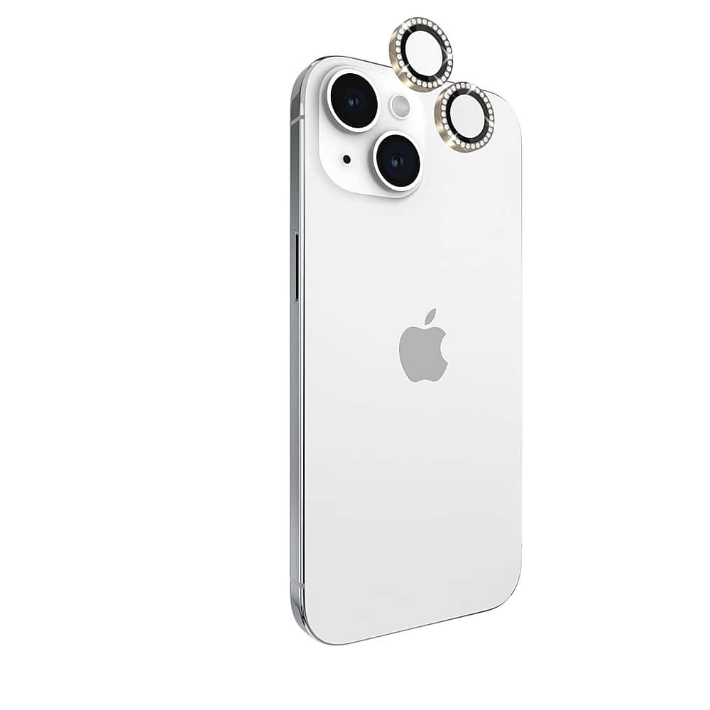 Left View: kate spade new york - Aluminum Ring Lens Protectors for Apple iPhone 15 and 15 Plus - Set in Stone Gold