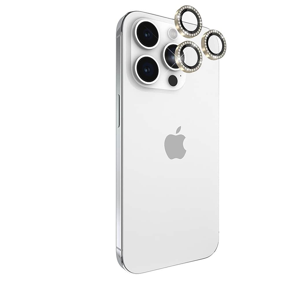 Left View: kate spade new york - Aluminum Ring Lens Protectors for Apple iPhone 15 Pro and 15 Pro Max - Set in Stone Gold