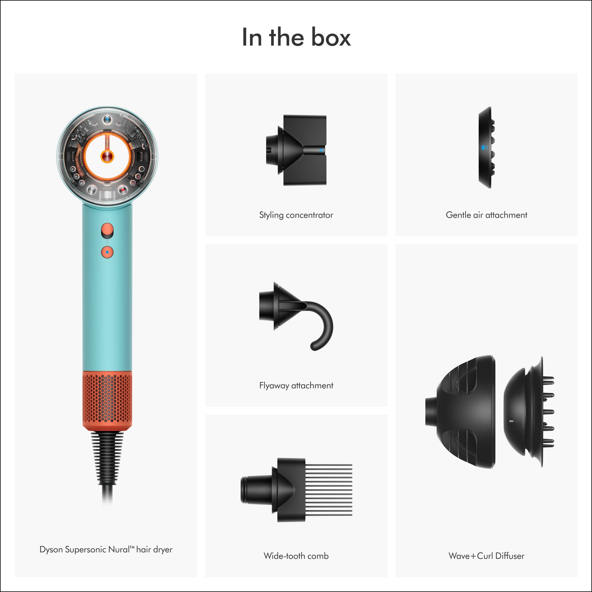 In the box, there are several hair care products, including a styling concentrator, gentle air attachment, flyaway attachment, Dyson Supersonic Nural hair dryer, wide-tooth comb, and a wave + curl diffuser.