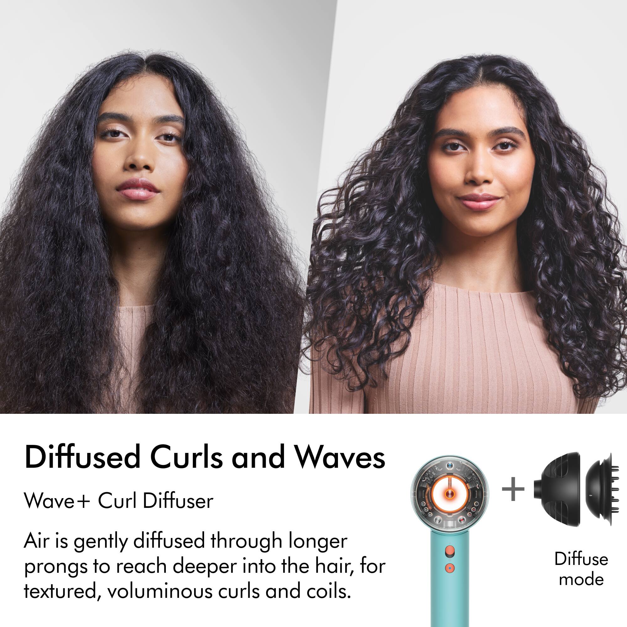 Diffused Curls and Waves Wave+ + Curl Diffuser + Air is gently diffused through longer prongs to reach deeper into the hair, for textured, voluminous curls and coils. Diffuse mode.