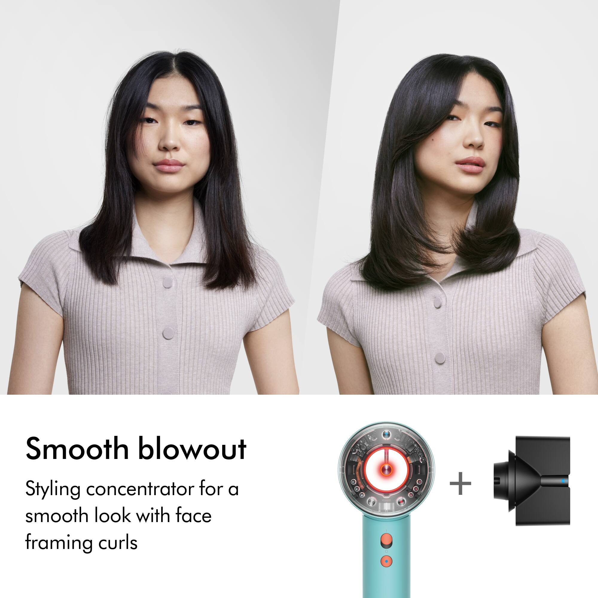 Smooth blowout: Styling concentrator for a smooth look with face framing curls.