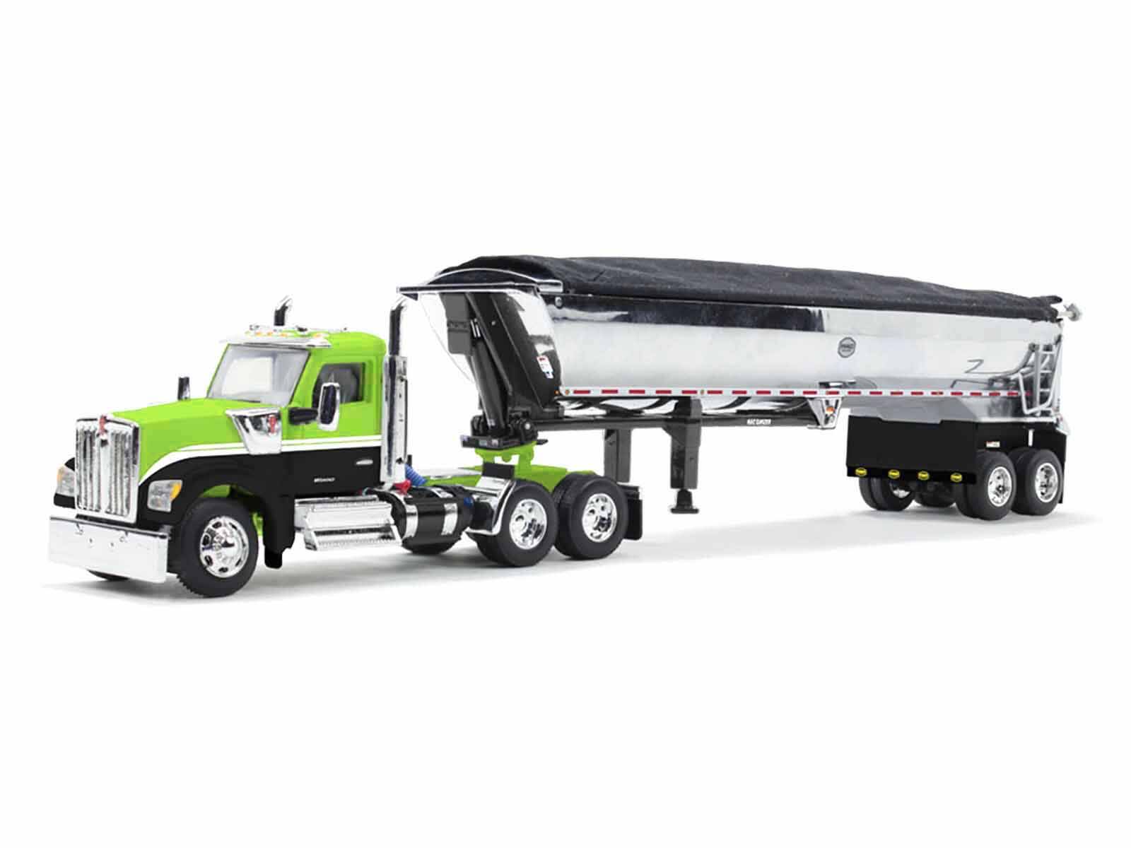 Angle. First Gear - Kenworth W990 Day Cab and MAC Half-Round Tandem-Axle Dump Trailer Lime Green and Black 1/64 &  by DCP/First Gear - Green and Black.