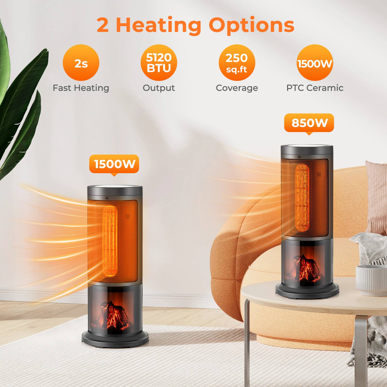 2 Heating Options

- 2s
- 5120 BTU
- 250 sq.ft
- 1500W
- Fast Heating
- Output
- Coverage
- PTC Ceramic
- 850W
- 1500W