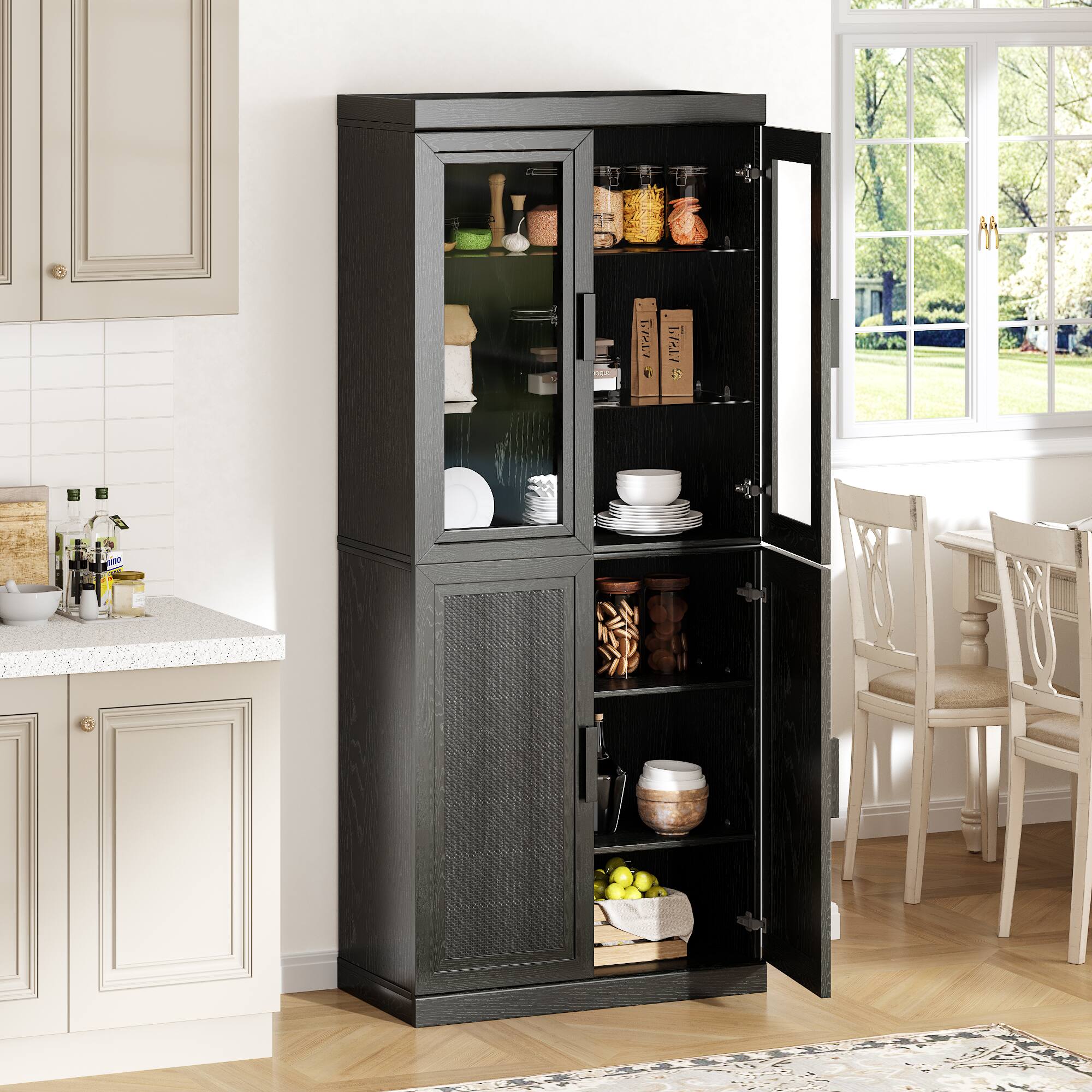 Alt View 2. PexFix - Farmhouse Sideboard & Food Pantry, 72" H Solid Wood Cabinet with Woven Doors and Adjustable Shelves – Ideal for Entryway - Black.