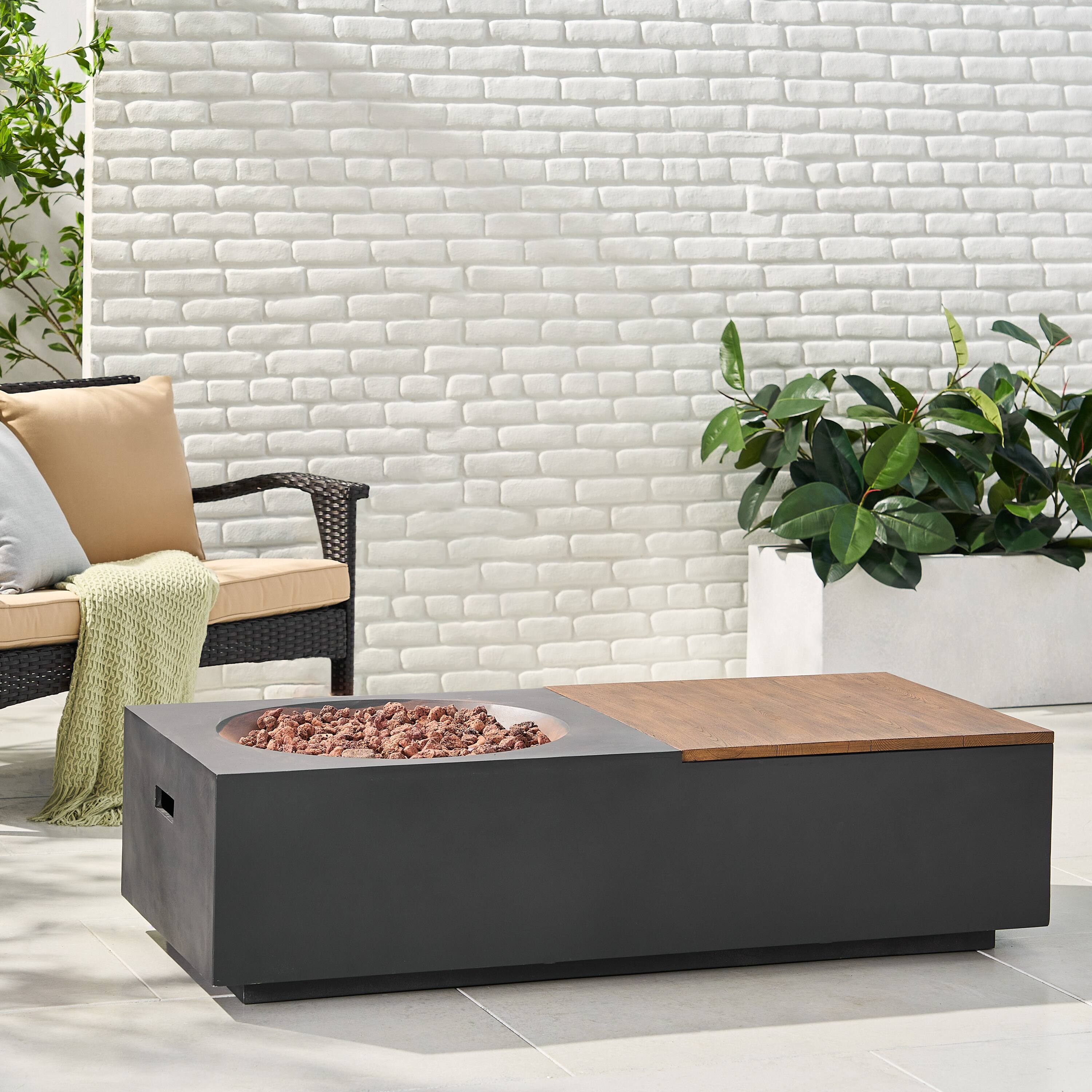 Left. APRILSOUL - Outdoor 50000 BTU Lightweight Concrete Rectangular Fire Pit Table with Storage Dark Gray Natural Brown Tank - Dark Gray.