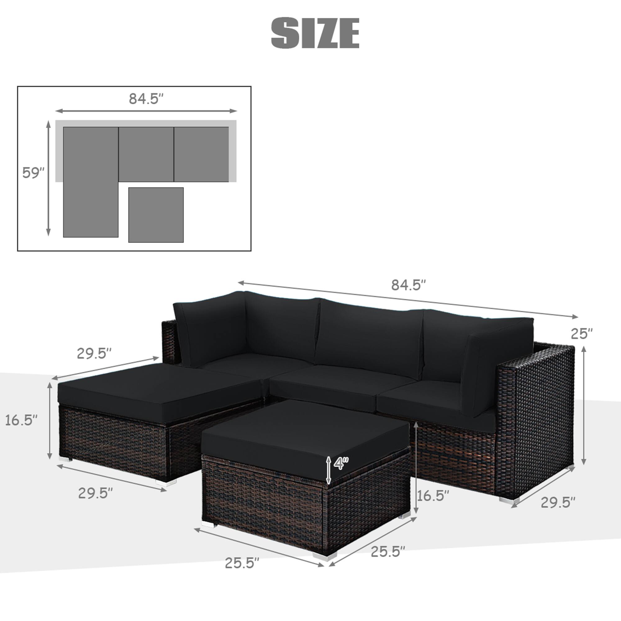 The text can be grouped as follows:

- Size: 84.5", 59"
- Sofa: 29.5", 25", 16.5"
- Ottoman: 29.5", 25.5", 16.5"