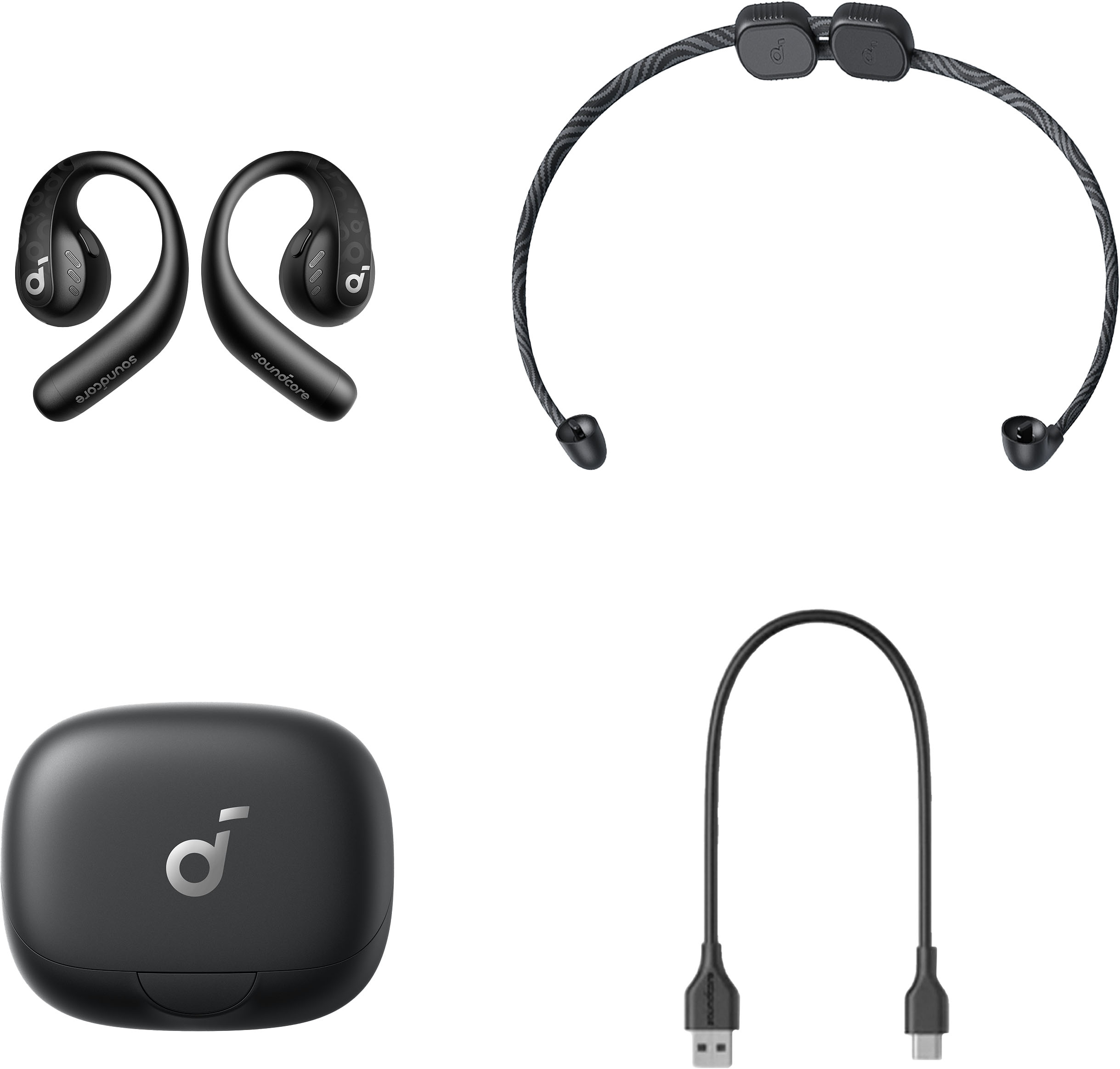 The image features a collection of various electronic devices, including a headset, a speaker, and a microphone. The headset is placed in the top left corner, while the speaker is located in the middle-left area. The microphone is situated in the bottom-left corner. The devices are all black and appear to be wireless, making them suitable for use in different settings.