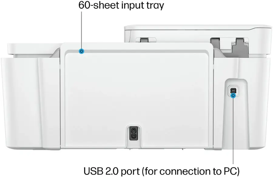 The text on the image reads: "60-sheet input tray USB 2.0 port (for connection to PC)."