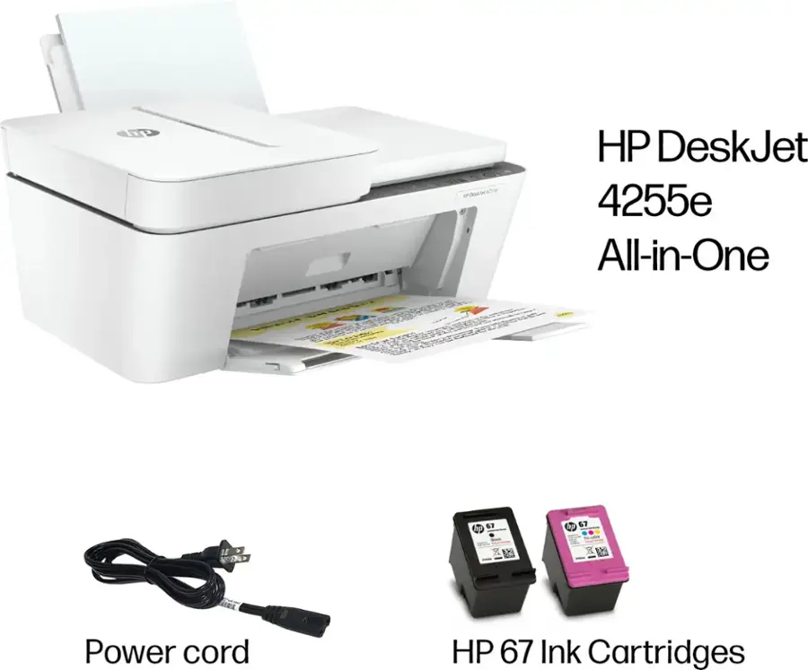 In the box, there is an HP DeskJet 4255e All-in-One printer, which comes with a power cord and original HP 67 ink cartridges in black, tri-color, and cyan.