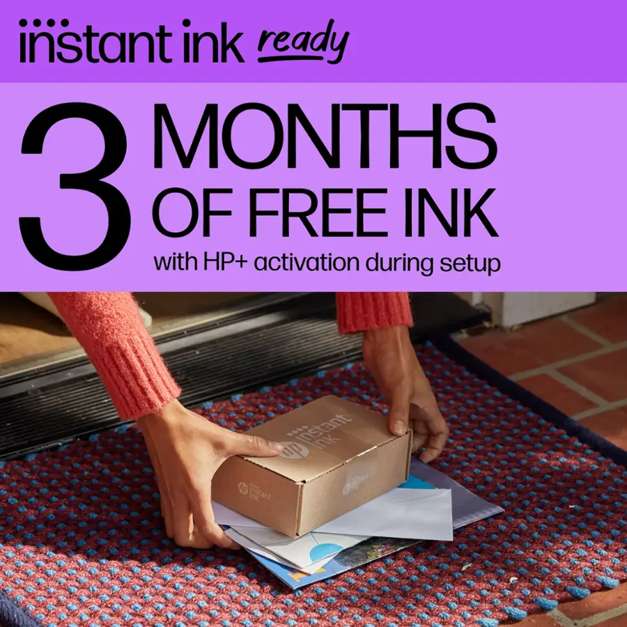 Instant Ink Ready: 3 Months of Free Ink with HP+ Activation During Ink Setup.