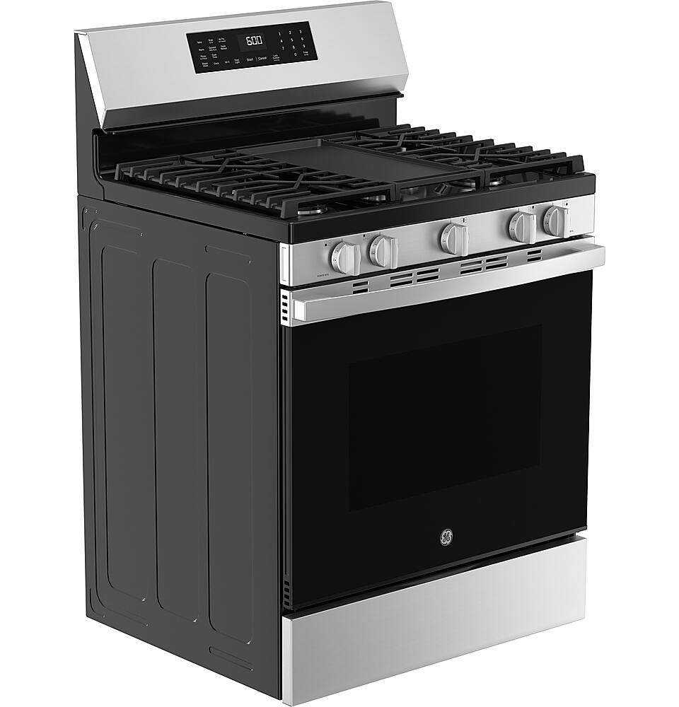 Angle. GE - 5.3 Cu. Ft. Freestanding Gas Convection Range with Steam Cleaning and EasyWash Oven Tray - Stainless Steel.