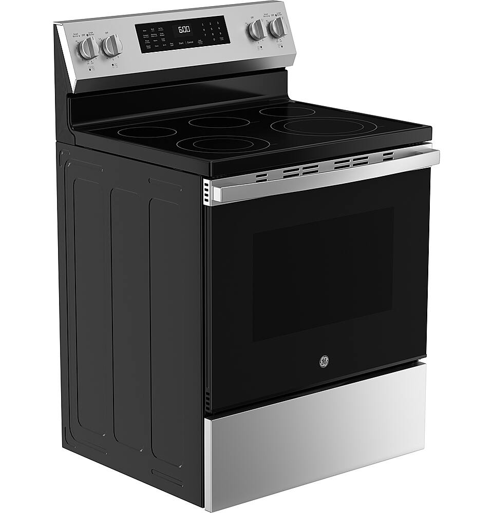 Angle. GE - 5.3 Cu. Ft. Freestanding Electric Convection Range with Steam Cleaning and EasyWash Tray - Stainless Steel.