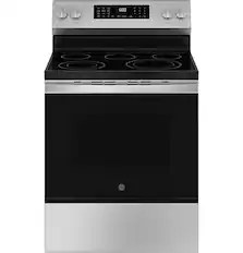 Front. GE - 5.3 Cu. Ft. Freestanding Electric Convection Range with Steam Cleaning and EasyWash Tray - Stainless Steel.