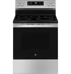 GE - 5.3 Cu. Ft. Freestanding Electric Convection Range with Steam Cleaning and EasyWash Tray - Stainless Steel - Front_Zoom