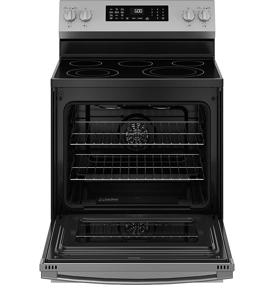 Alt View 16. GE - 5.3 Cu. Ft. Freestanding Electric Convection Range with Steam Cleaning and EasyWash Tray - Stainless Steel.