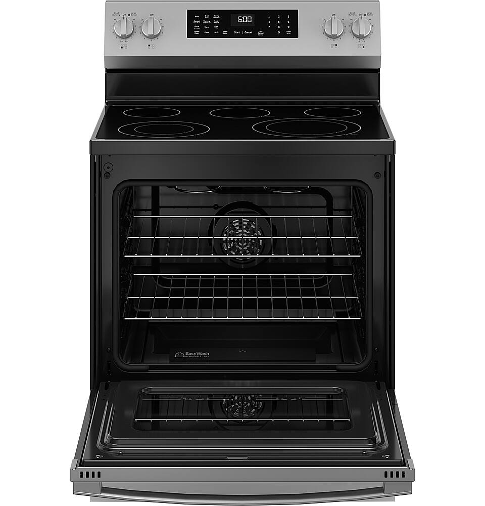 Alt View 16. GE - 5.3 Cu. Ft. Freestanding Electric Convection Range with Steam Cleaning and EasyWash Tray - Stainless Steel.