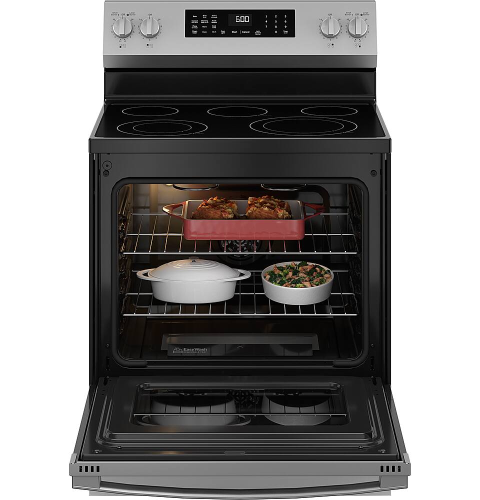 Alt View 21. GE - 5.3 Cu. Ft. Freestanding Electric Convection Range with Steam Cleaning and EasyWash Tray - Stainless Steel.