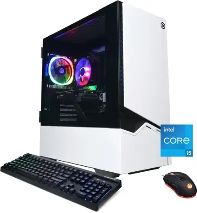 The image features a white computer tower with a keyboard and mouse placed in front of it. The computer is an Intel Core i5, and it is accompanied by a colorful light show. The keyboard is black, and the mouse is located to the right of the keyboard. The overall scene gives an impression of a powerful and visually appealing computer setup.