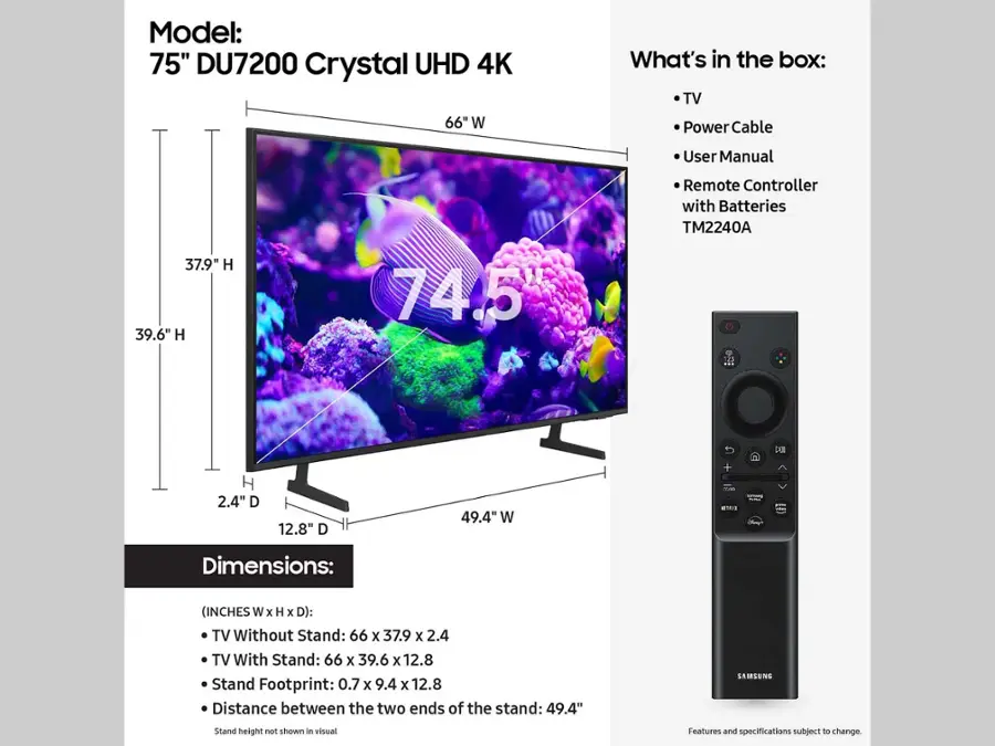 The image features a 75" DU7200 Crystal UHD 4K TV, which is the largest text in the image. The TV is displayed with dimensions and a stand footprint, as well as a remote controller with batteries. The TV is also accompanied by a user manual and a power cable. The image is categorized as Televisions, and the TV is positioned next to a remote controller.