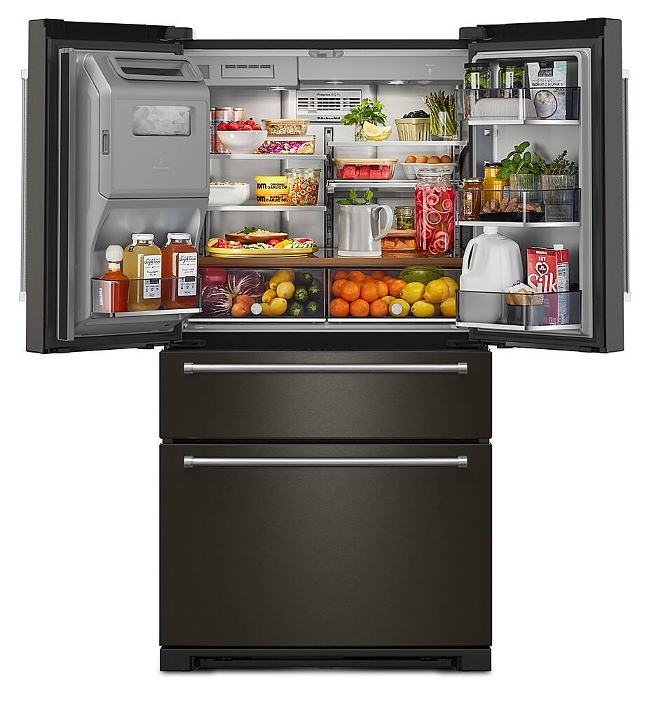 Left. KitchenAid - 26 cu. ft. French Door Refrigerator with Ice and Water Dispenser - Black Stainless Finish.