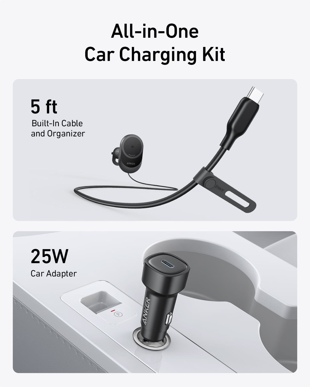 All-in-One Car Charging Kit 5 ft Built-In Cable and Organizer EA ANKE 25W Car Adapter.
