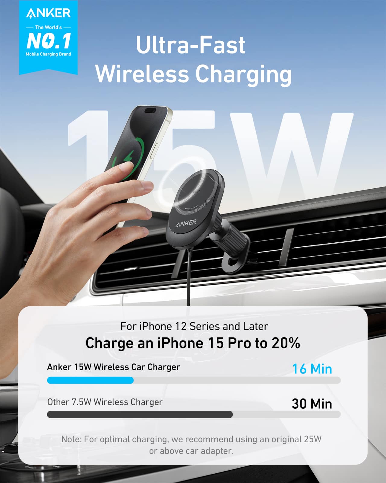 ANKER The World's NO.1 Ultra-Fast Mobile Charging Brand Wireless Charging 1 W ANKER For iPhone 12 Series and Later Charge an iPhone 15 Pro to 20% Anker 15W Wireless Car Charger 16 Min Other 7.5W Wireless Charger 30 Min Note: For optimal charging, we recommend using an original 25W or above car adapter.