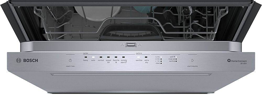 The image features a built-in dishwasher with various options for cycles, including heavy auto, normal speed, and extra dry. The dishwasher is made by Bosch and has a reset button that can be pressed for four seconds. It also has a remote control with a range of options, such as start, sanitize, extra dry, and wifi. The dishwasher is designed to be quiet, with a noise level of 38 dBA.