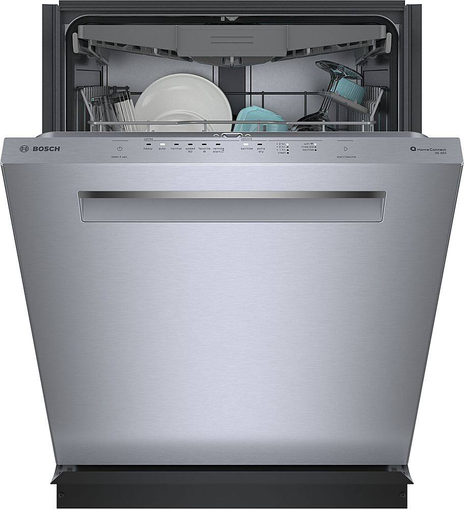 The image features a stainless steel dishwasher with a silver door. The dishwasher is open, revealing a rack with multiple dishes, including cups and bowls. The dishwasher is a built-in model, which is a common choice for modern kitchens due to its space-saving design and sleek appearance.