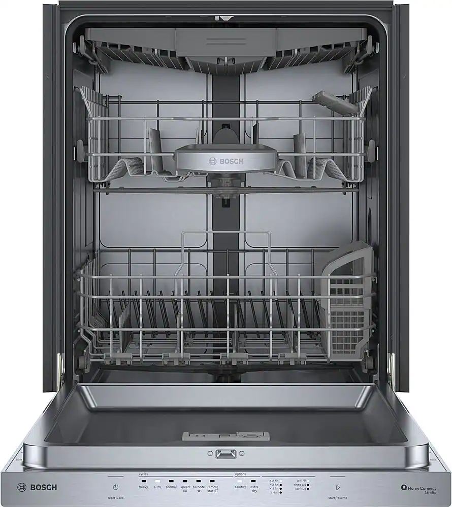 The image features a large stainless steel dishwasher with a silver door. The dishwasher is empty, with no dishes inside. The door is open, revealing the interior of the appliance. The dishwasher is a built-in model, which is designed to be integrated into the kitchen cabinetry. The clean and empty appearance of the dishwasher suggests that it is ready for use or has been recently cleaned.