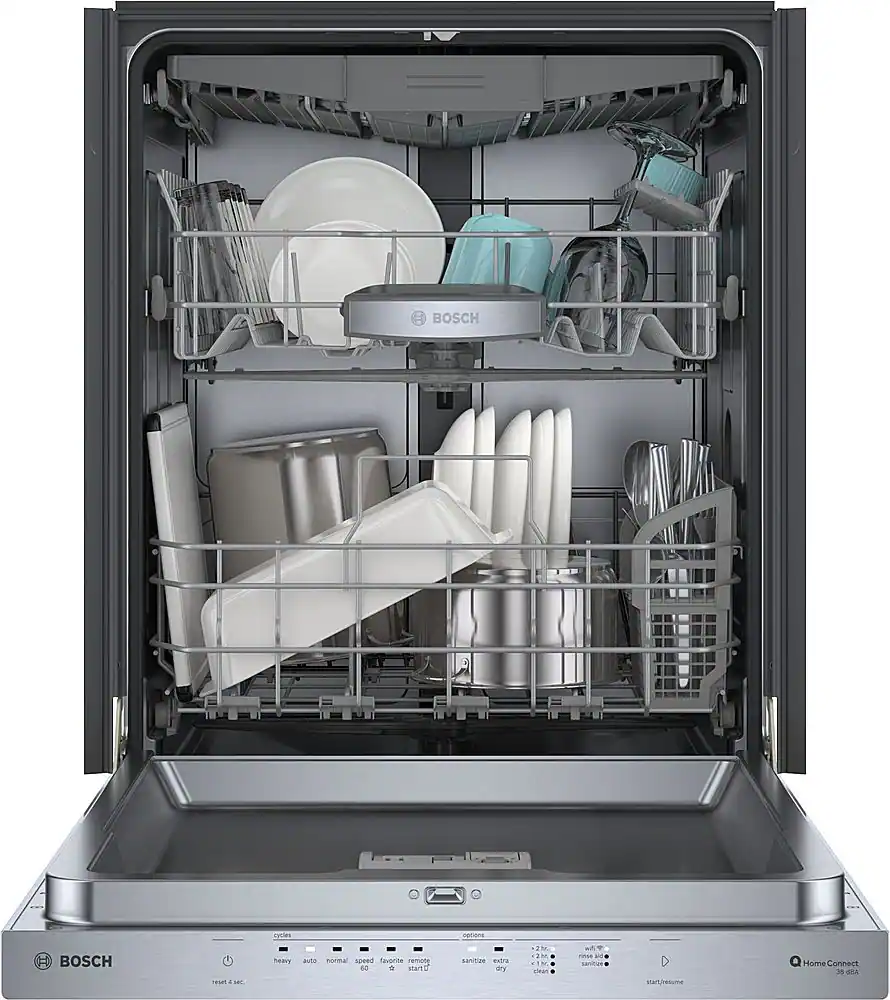 The image features a built-in dishwasher with a silver door, which is open, revealing a variety of dishes inside. The dishwasher is filled with plates, cups, and utensils, including forks and spoons. The dishes are neatly arranged, and the dishwasher appears to be ready for use. The dishwasher is a Bosch brand, which is known for its high-quality appliances.